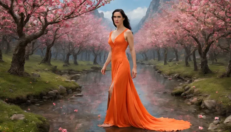 1 girl "Jennifer Connelly com vestido Laranja longo", pintura: Spring is colorful, com uma flor vermelha destacando-se entre as demais. Jardim encantado, fantasy gorgeous lighting, paisagem natural noturna, enchanted magical fantasy forest. Peach Blossom L...