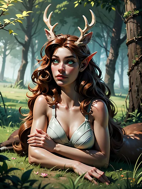 masterpiece, highly-detailed, hyper realistic, full-body shot of a small beautiful druid female laying on her back in the grass in the middle of the forest, perfect face features, thin deer-like nose, thick kissable parted lips, expressive glowing green ey...