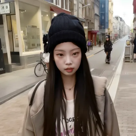 plucked woman with long hair and black hat on a city street, jennie blackpink, she is wearing streetwear, young cute wan asian face, jossi do blackpink, gemma chen, louise zhang, Xision Wu, Xintong Chen, 19-year-old girl, Gongbi, with black beanie on head,...