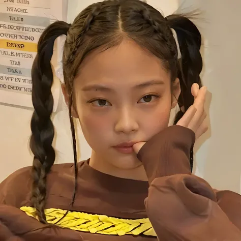 there&#39;s a young girl with a braided ponytail down to her face, jennie blackpink, plaits hairstyle, two plaits hairstyle, with black plaits, penteado twintails, ela tem dois rabos de cavalo, jossi do blackpink, plaits hair, plaits, Parque Roseanne do Bl...