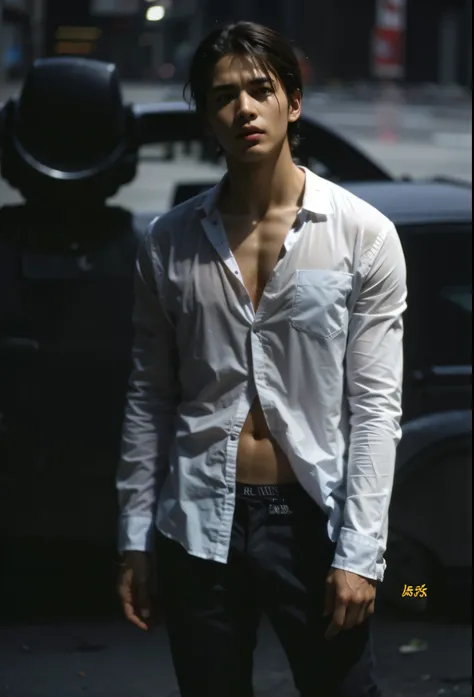 Boy wearing see through shirt , all wet , belly button is visible of boy