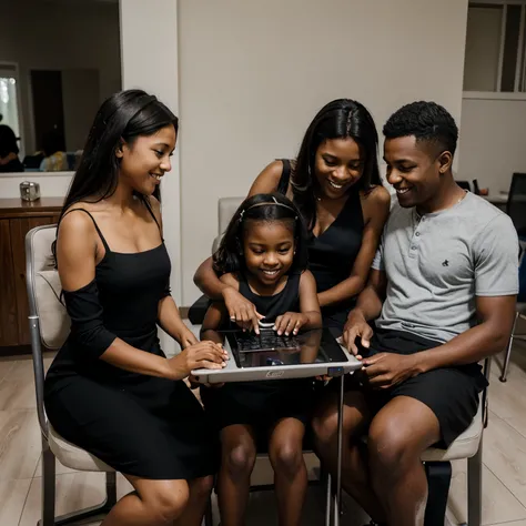 A dark-skinned family sitting around a table, using electronic devices. Father is sitting at the table using a laptop, mother is sitting next to him using a tablet, and the son and daughter are sitting on chairs using tablets. The family is smiling and hav...