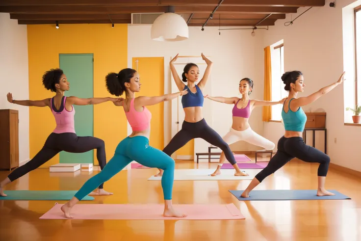 February 2023. Yoga Class in a Vintage Studio in Barcelona, Spain.

Description: A diverse group of individuals in stylish activewear practices yoga in a Barcelona studio adorned with retro aesthetics. The coordinated yoga poses and colorful mats create a ...