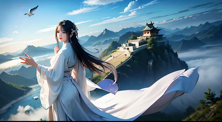 Ancient Chinese woman wearing white dress standing on the mountain，A bird flies overhead, chinese fantasy, Chinese dreamland, beautiful concept art, ross tran. scenery background, 宮 ， A girl in Hanfu, land floating in the clouds, author：Hero, A flowing whi...