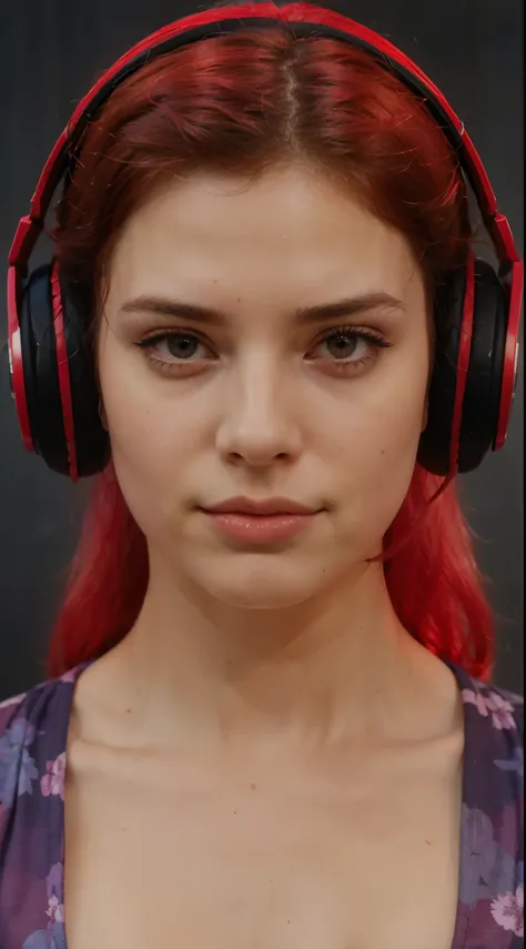 (masterpiece),(best quality:1.0),(ultra highres:1.0), beautiful girl, makeup, detailed beautiful, face focus, red hair, pink bra, skinny, headphones red, norway face, wallpaper 8k