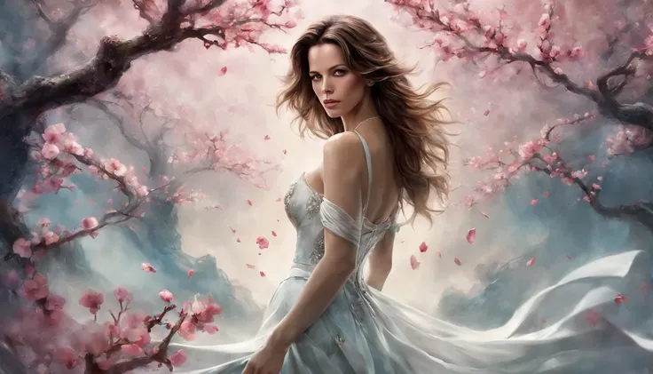 1 girl "Kate Beckinsale com vestido branco e vinho escuro longo", （Jogo King Card:1.5, simetria rotacional),Stephen Gammell,(cowboy shot), Minimalist compositions, requintada armadura de cristal，Fio Eletroluminescente, magic sparks, enchanted magical fanta...