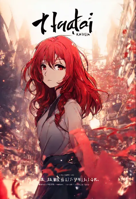 1girl, red hair, anime style, anime, with title "khadija " on it ,movie poster, movieposterredaf, ,