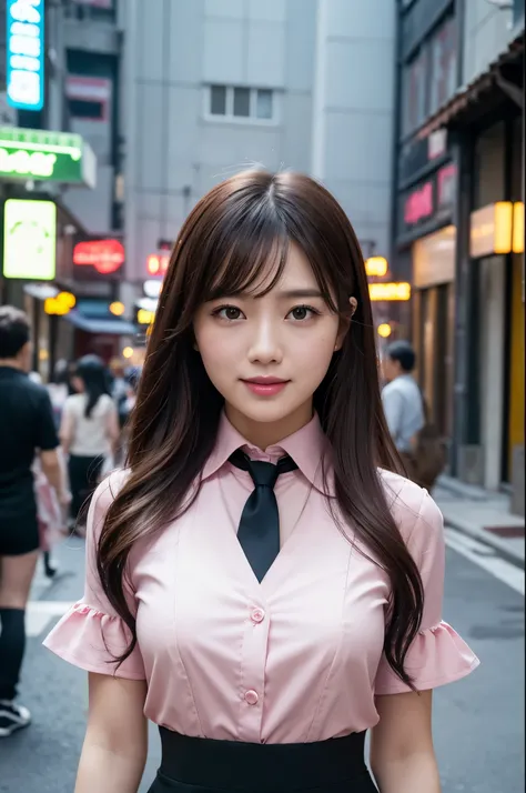 1 girl, Pink Long Hair, Red Horn, blouse with a white collar, black necktie, light  smile, yellow-eyed, medium burn_strength,, buildings,stores,Town streets, Gloomy sky, scenecy,neonlight,nightcity, Japanese lyrics,, , absurd res, 詳細な目, The is very detaile...