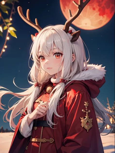 Reindeer girl, red moon, reindeer horns, red coat, white fur