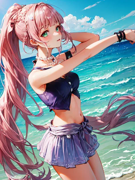 (((pearl pink hair,emerald pupil beautiful beach,))((short purple shirt,blue miniskirt,raise both arms,))))))(the face红), (geome...