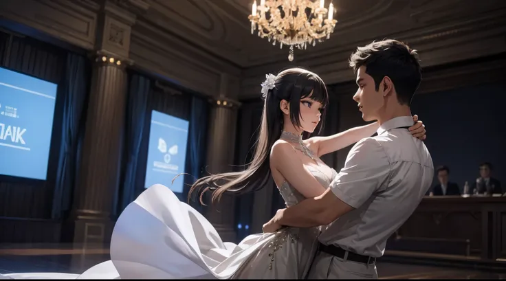 An enchanting ballroom under the moonlight, couples gracefully waltzing, the protagonist in a dazzling outfit, leading the dance with a mysterious partner, capturing the intricate details of the clothing, expression, and elegance, closer view