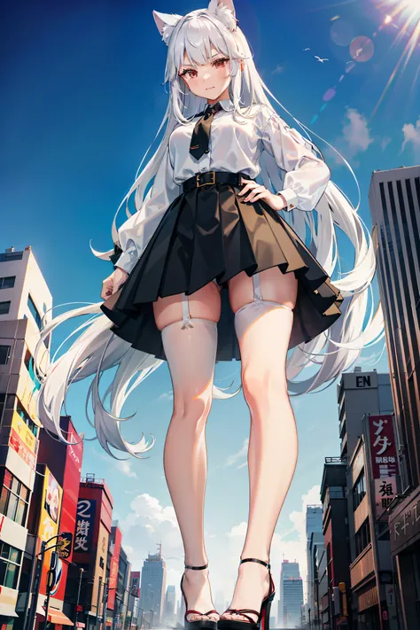 Tokyo, Japan, Giantess, wolf ear, white hair, red eyes, Light frown, Looking down, sky, Sheer white shirt, Black skirt, black lence stockinglock sunlight, high-heels, Raise your feet, disrupt, buildings collapsed