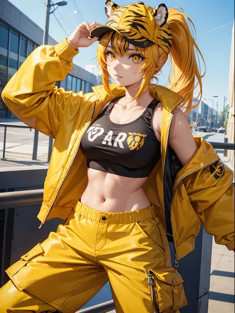 Tiger girl, tiger ears, ((tiger print)), cargo pants, Sports bra, ((cap)), yellow hairs, ponytail,yellow jacket,