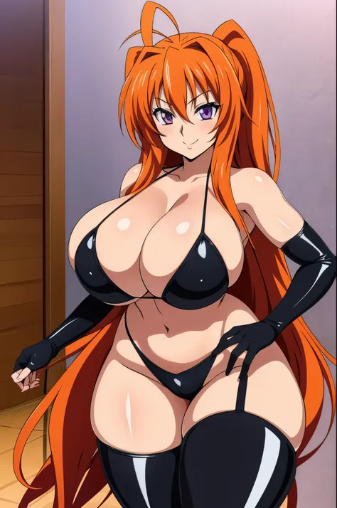 High resolution Highschool Dxd art style, Irina Shidou, 1 girl, ((bimbo))), long orange hair, purple eyes, thick lips, erotic smile face, blushing, wide hips, thick thighs, thick, enormous fake breasts, huge round ass, oily shiny skin, black bikini, reveal...