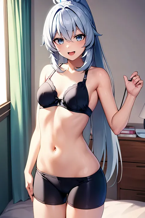 1 girl, best quality, ultra high res, long hair, bangs, ponytail, grey hair, long hair, grey eyes, hair ornament, shigure kira, looking at viewers, small breast, standing, pov, slim body, loli body, small body, short body, smile, open mouth, bra, white bra...