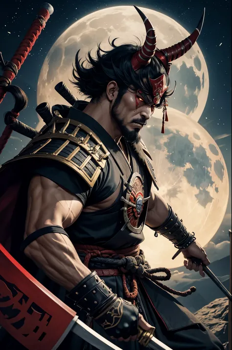 8K,There&#39;s a demon man with a big metal club., triangular devil villain, samurai with demon mask, Devil Samurai, Devil Samurai戦士, Demon Samurai, , muscular macho body,Onmyojiの肖像画, samurai portrait, Samurai Portrait, feudal japan art, Onmyoji, handsome ...