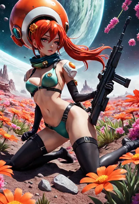 "A detailed 3D Render of a Yoko Littner dressed as a space ranger, Shooting A Sniper Rifle Lying down in an extraterrestrial landscape adorned with vibrant, otherworldly flowers, Space ship Wreks. Science fiction wonderland, imaginative, space adventure.",...