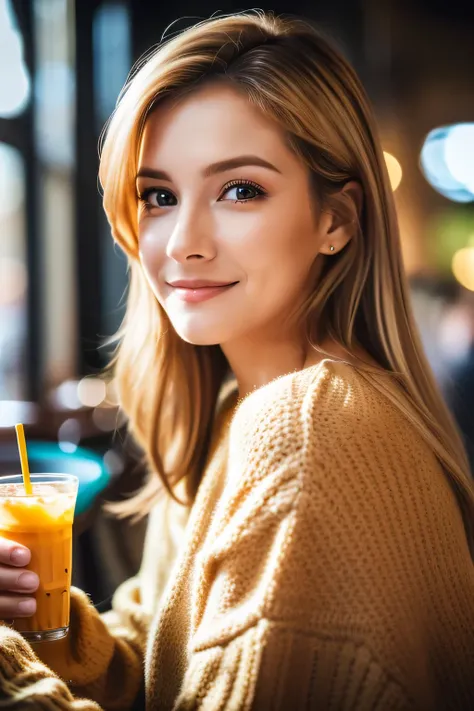 Beautiful brunette with blonde highlights in a beige sweater (drinking Södery in a café, detailliert, 22 Jahre, Unschuldiges Gesicht, Natural wavy hair, blaue Augen, high resolution, Meisterwerk, best quality, Komplizierte hohe Detailgenauigkeit, sehr deta...