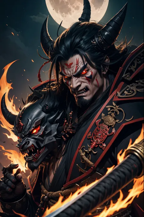 8K,There&#39;s a demon man with a big metal club., triangular devil villain, samurai with demon mask, Devil Samurai, Devil Samurai戦士, Demon Samurai, , muscular macho body,Onmyojiの肖像画, samurai portrait, Samurai Portrait, feudal japan art, Onmyoji, handsome ...