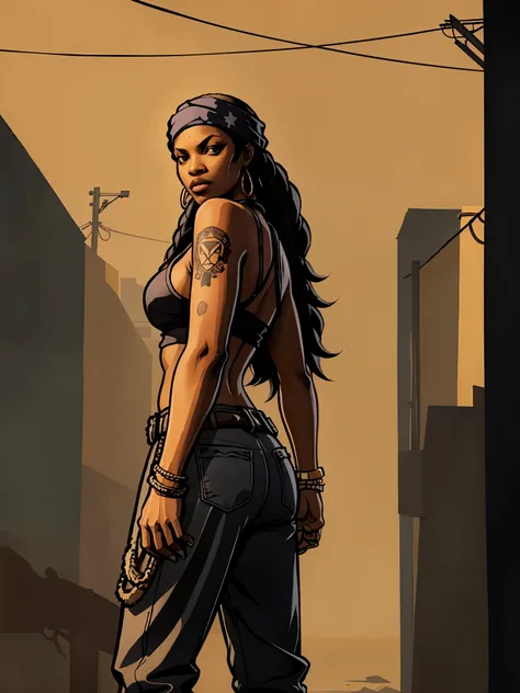 A picture of a (busty) female gangster, afro long hair, black skin, wears a bandana, in a back alley, warm color tone, (2d) gta artstyle, masterpiece, best quality