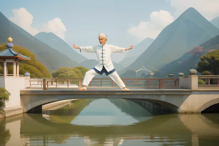 April 2023. Meditative Tai Chi on a Wes Anderson Bridge.

Description: An older man, with a serene expression and neatly combed white hair, practices meditative Tai Chi on a Wes Anderson bridge. His deliberate and graceful movements, set against a pictures...