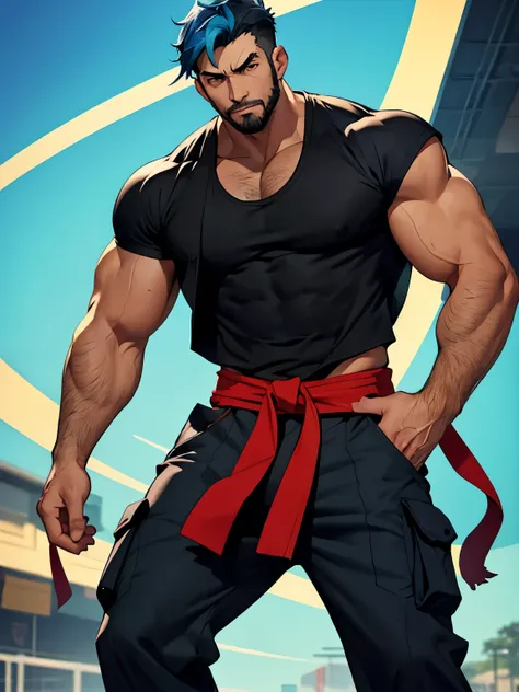 Two characters, both facing each other, in fighting stances Dojo Background, with Persona 5 game Artsyle, First character is a tall muscular young man with cyan blue hair in a undercut hair and tanktop and cargo pants outfit has a Short Trimmed beard no ta...