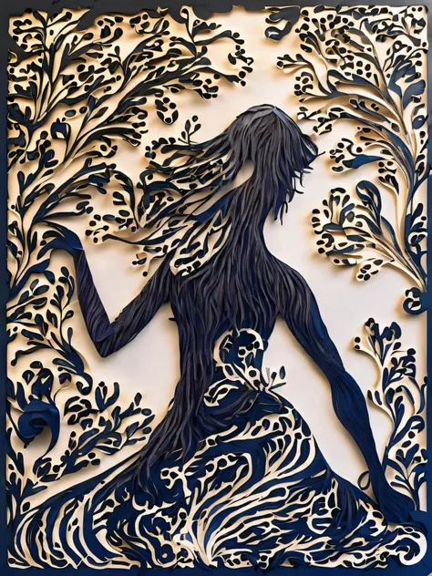 A delicate and intricate papercut silhouette of a woman with long flowing hair dancing, with a solid color background behind her. The negative space of the papercut could create an elegant and dreamy look.