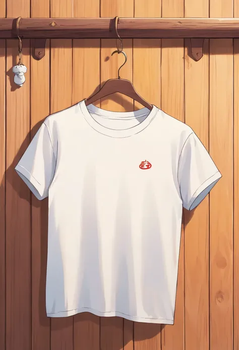 a top-down shot of a white t-shirt placed on a wooden hanger against a wooden background, providing a simple and elegant presentation of the design, as if it were ready to be worn