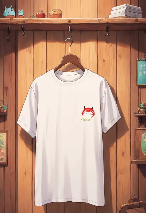 a top-down shot of a white t-shirt placed on a wooden hanger against a wooden background, providing a simple and elegant presentation of the design, as if it were ready to be worn