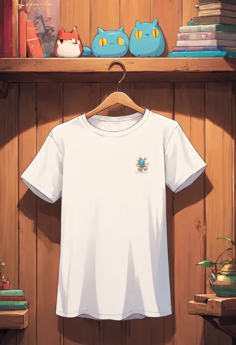 a top-down shot of a white t-shirt placed on a wooden hanger against a wooden background, providing a simple and elegant presentation of the design, as if it were ready to be worn