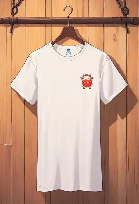 a top-down shot of a white t-shirt placed on a wooden hanger against a wooden background, providing a simple and elegant presentation of the design, as if it were ready to be worn