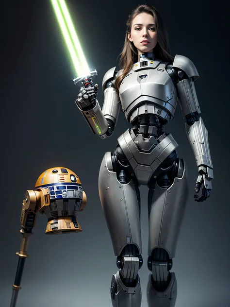 ((best quality: 1.5)) ((masterpiece: 0.8)), intricate details, sharp focus, professional, photorealistic, real life, realistic representation of the face, ((((solo) female robot, dreadnaught, droid, (lightsaber, (mechanical arm, cyborg face))))) bright glo...