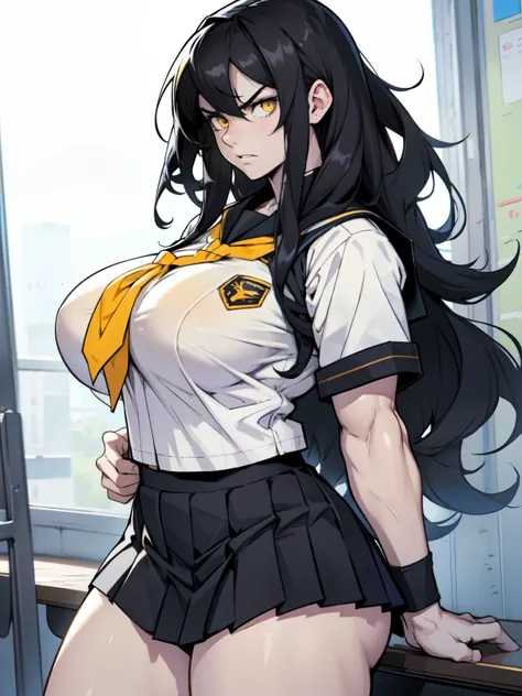 (1girl), black hair, extremely long hair, yellow eyes, ((muscular)), huge breasts, thick thighs, solo, angry, (pale skin), cowboy shot, (school uniform)