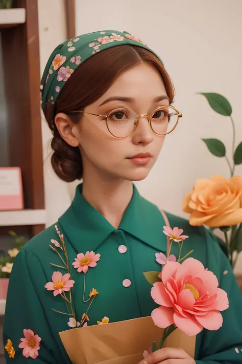 May 2023. Dreamy Flower Shop Vendor in Wes Anderson Glasses.

Description: A woman in her early 40s, with whimsical glasses and a floral headband, tends to flowers in a Wes Anderson flower shop. The close-up portrait captures her dreamy gaze and freckles, ...