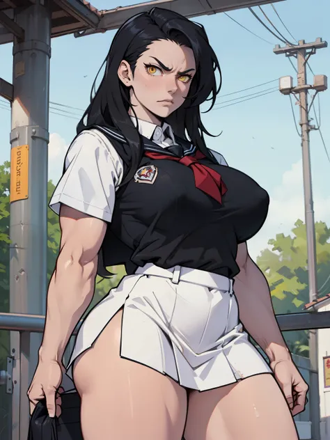 (1girl), black hair, extremely long hair, yellow eyes, ((muscular)), huge breasts, thick thighs, solo, angry, (pale skin), cowboy shot, school uniform school uniform school uniform school uniform school uniform