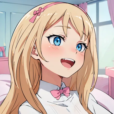 hiquality, tmasterpiece (One teenage girl). blonde woman. blue eyes. ssmile. open mouth with teeth. white shirt. Pink Bow. room at background.