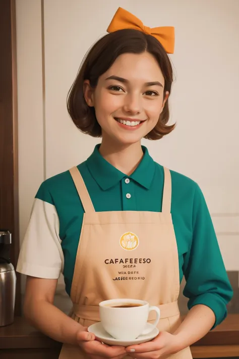 May 2023. Grateful Café Barista with Wes Anderson Apron.

Description: A barista in their early 20s, with a grateful smile and colorful apron, serves coffee in a Wes Anderson-inspired café. The close-up portrait highlights their warm expression, embodying ...