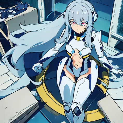 robot girl, glowing eyes, , , gray hair, long hair, ceramic body, thigh gap, tiny chest,