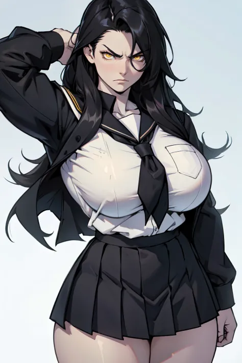 (1girl), black hair, extremely long hair, yellow eyes, ((muscular)), huge breasts, thick thighs, solo, angry, (pale skin), cowboy shot, (school uniform)