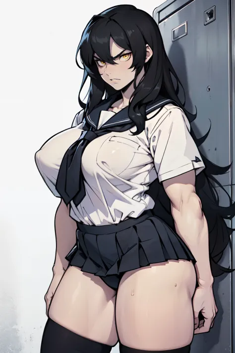 (1girl), black hair, extremely long hair, yellow eyes, ((muscular)), huge breasts, thick thighs, solo, angry, (pale skin), cowboy shot, (school uniform)