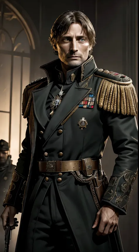 generate a high-resolution, impeccably detailed image of actor mads mikkelsen in the warhammer 40k universe, portraying him as a...