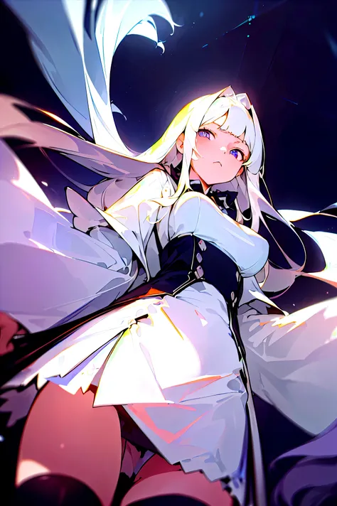 (masterpiece, best quality),(((from below, depth of field, dutch angle))), cowboy shot, 1girl, white hair, long hair, (hime cut, blunted bangs), violet eyes, normal breasts, white dress, stockings, looking at viewer, stern look, dark background