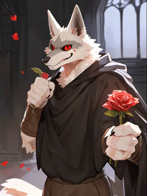 ((best quality, high res)), Death Wolf, 1male, solo, skinny muscle, tail, black cloak, brown pants, holding a rose, detailed eyes, finely detail, white fur, sadic smirk, red eyes, black sclera, in the dark night mansion hall, by Bebebebebe, by K0BIT0WANI, ...