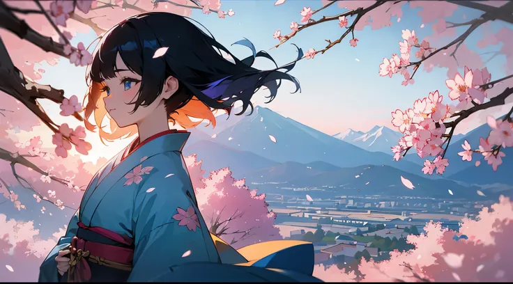 Background of fantastic mountains, sunrise, cherry blossoms, and cranes flying in the distance、Back lighting、Profile looking up and sunlight filtering through the trees。Kimono full of floral patterns、Girl with blue inner color, black hair, and light blue e...