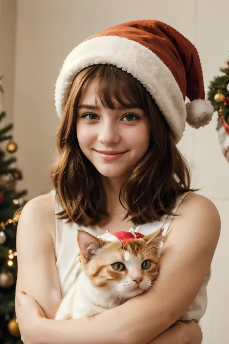 A watercolor painting of a girl with a playful smile holds a calico cat in her arms, both adorned with festive Christmas hats. The cats fur is rendered in stunning detail, with each hair standing out against the girls soft, rosy cheeks., realistic, bright ...