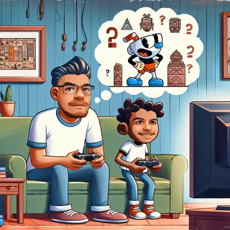 drawing of a man with glasses and a black boy sitting on a sofa playing video games, arte dos desenhos animados estilo, arte dos...