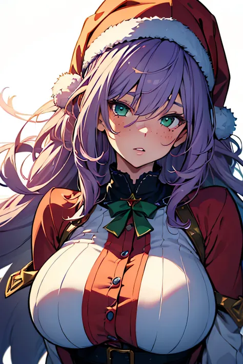 (masterpiece, highres, high resolution:1.2), anime 20 yo girl, portrait, shoulders up, illustration. drawn, violet hair woman, green eyes, blushing, solo, surprised, freckles, big lips, huge breasts, perfect body, wearing a Santa costume, anime girl, no ha...