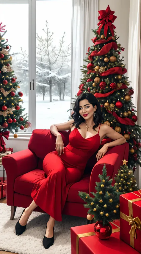 there is a woman in red can, sitting on a sofa in a room with a Christmas tree, with a tree in the background, tree in the background, Sandra Chevier, holiday vibe, Natal, holiday season, Apresenta, 39 anos mulher.