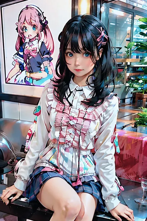 araffe sitting on a white bench with rosado socks and a rosado flamingo, Hermosa Delphine, rosado girl, ((rosado)), kawaii aesthetic, Chica Lofi, Chica Lofi aesthetic, rosado twintail hair and cyan eyes, aesthetic!!!!!!!!!!, Efecto anaglifo Ayami Kojima, u...