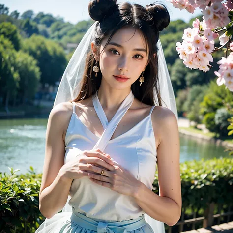 ((best quality)), ((masterpiece)), (detailed), perfect face （8K分辨率，close-up all over the body），（1womanl，18yr old，（（Soft and cute，s delicate face，详细的脸），confident smile），Fair ，（Best Skin Type：1.21），（Vintage bun，Exaggerated traditional hairstyle，Pair it with ...